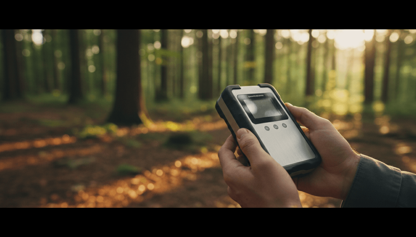 Portable heavy metal sensing device held in researcher's hands in outdoor field setting