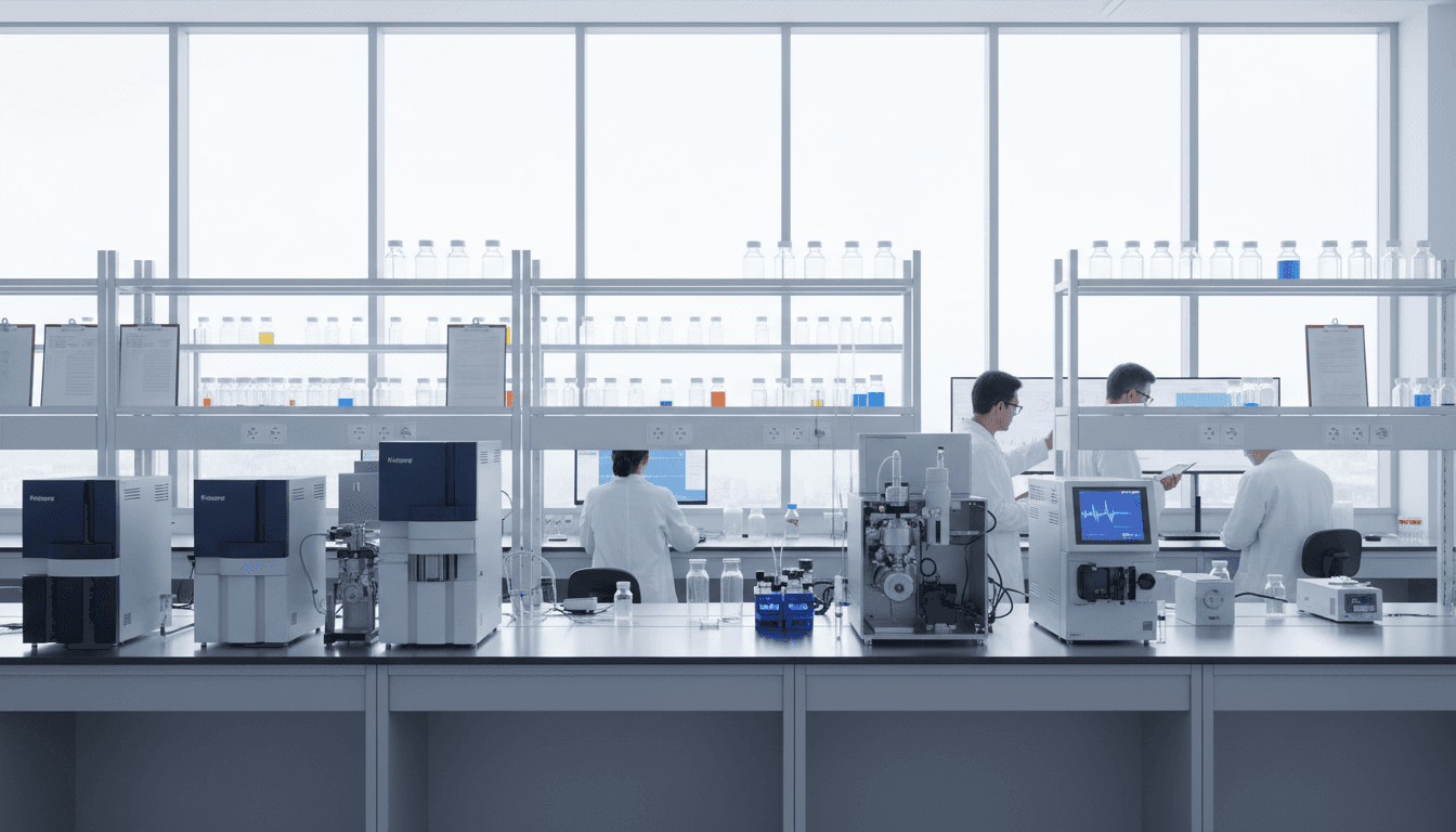 Researcher examining a portable heavy metal detection device in a laboratory setting with forest biomass materials on the workbench
